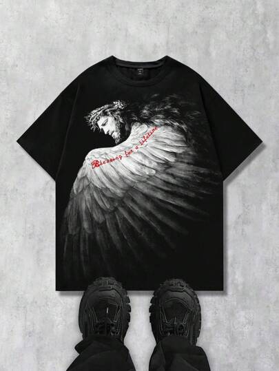Goth Camiseta casual de cuello redondo de manga corta con estampado de figura gótica para hombres, para uso diario, Halloween