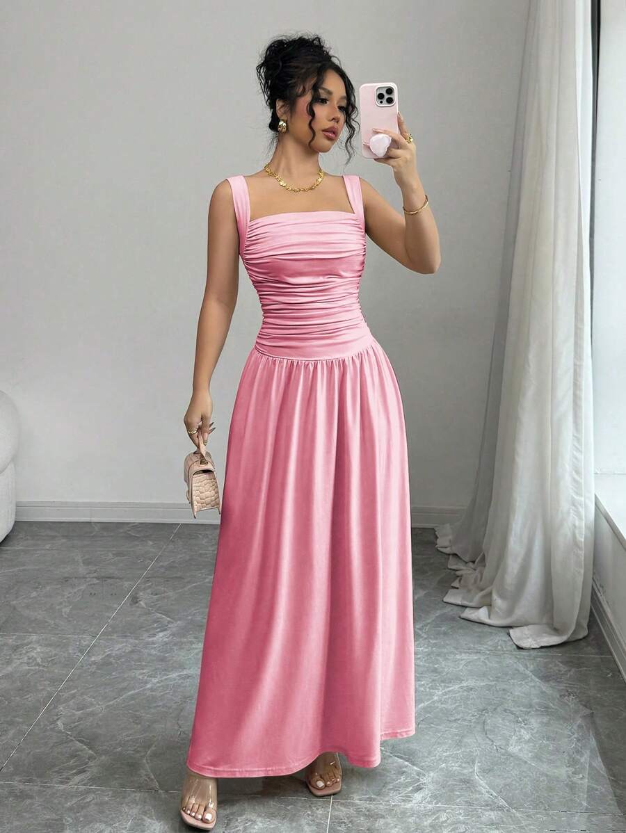 Rafferiza Đầm xếp ly không tay thanh lịch dành cho nữ có cổ vuông, màu trơn - Hồng - Xem 1