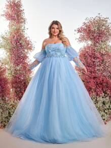 Glamrae Plus Size Elegant Luxurious Heavily Embellished Blue Sequin Embroidered Off Shoulder Puff Sleeve Long Sleeve Strapless Tulle Maxi Evening Gown, Formal, Party Dress, For Wedding Guest