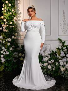 Glamrae 大码优雅奢华白色露肩长袖花卉拼布拖尾婚纱，新娘 - 白色 - 查看 6