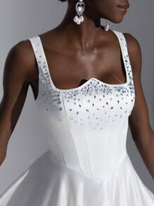 Elitara Elegant White Satin Spaghetti Strap Luxury Rhinestone Backless Adjustable Tie A-Line Ruffled Hem Wedding Dress With Train, Bride - White - View 1