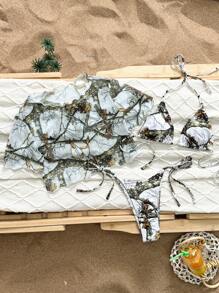 Swim Vcay 3 件套多色印花三角形吊带上衣、圆领罩衫和比基尼套装、女士沙滩装 - 彩色 - 查看 1