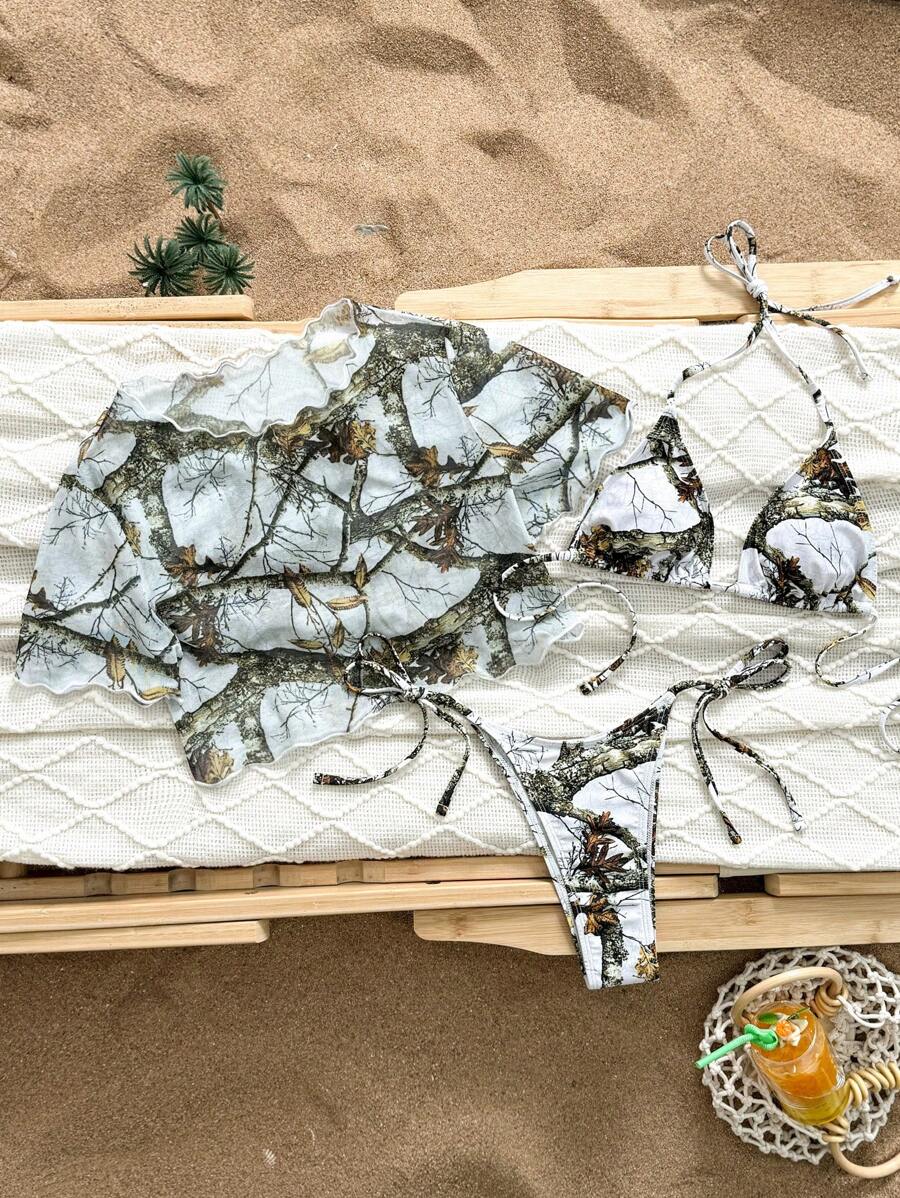 Swim Vcay 3 件套多色印花三角形吊带上衣、圆领罩衫和比基尼套装、女士沙滩装 - 彩色 - 查看 1