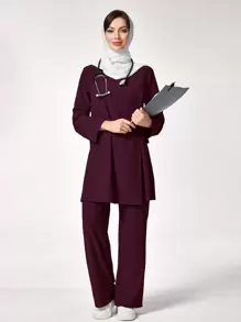 TaskEZ 女士纯色长袖上衣和裤子护理手术服套装 - 酒紅色 - 查看 1