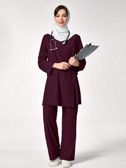 TaskEZ Women Solid Color Long Sleeve Top And Pants Nursing Scrub Uniform Set