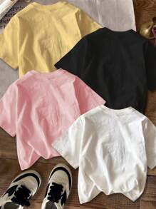 SHEIN Leap Crew 复古美式风格可爱卡通格子笑脸卡通饮料英文字母SMILE卡通猫咪图案少女休闲简约圆领短袖基础款T恤适合春夏 - 彩色 - 查看 2