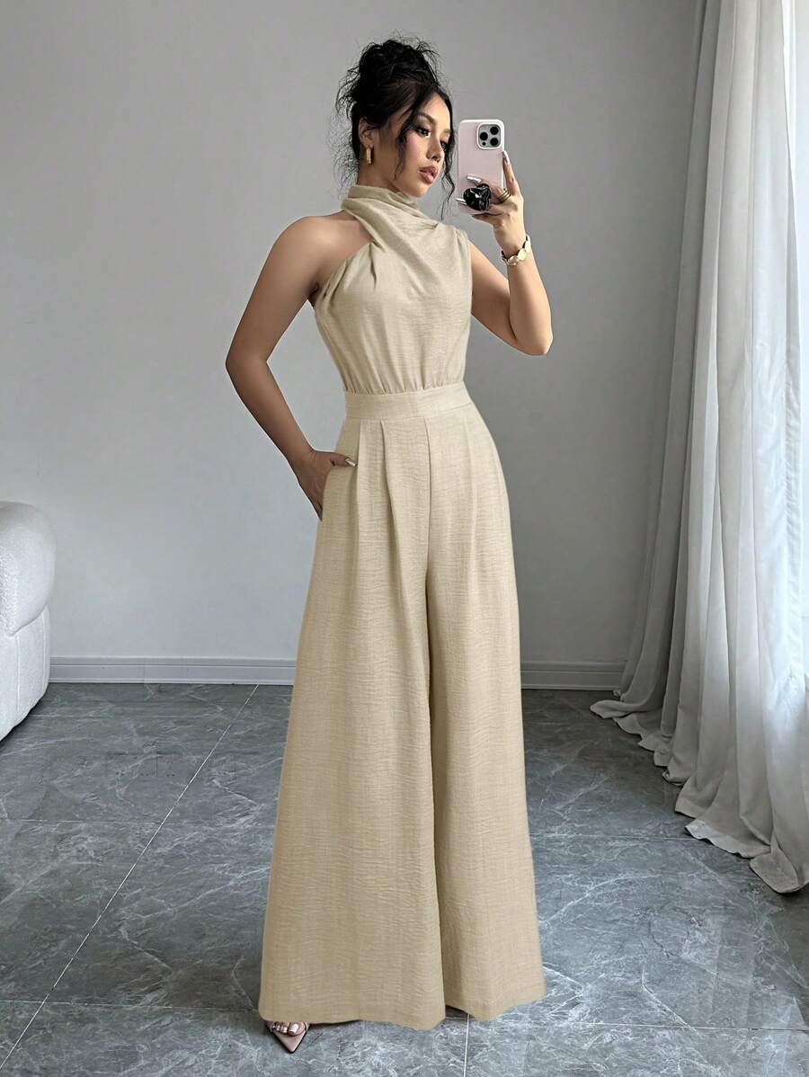 Firerie 女式缎面翻领连体裤,宽腿,口袋,舒适连体衣,不对称无袖上衣和裤子套装,适合春季、夏季、秋季、优雅、休闲、工作、婚礼、表演、教师装 - 卡其色 - 查看 1