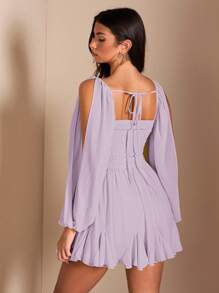SHEIN BAE Đầm suông màu đen trơn gợi cảm nhẹ nhàng cho kỳ nghỉ, cổ yếm thắt nơ, tay áo Bishop, xẻ tà, trong suốt - Màu tím hoa cà - Xem 2