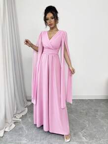 Rafferiza Vestido elegante de mujer para uso diario, banquetes, bodas, de cuello en V con pliegues cruzados en la cintura, corte 'A' con capa, de gasa transparente color lavanda para primavera y verano, falda larga