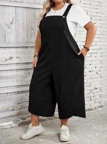 SHEIN CURVE+ Salopette nera oversize da donna con bretelleregolabili, chiusura con bottoni e tasche sulle gambe a spaceo, adatta per la primavera - nero - Visualizzare 6