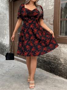 SHEIN Clasi 大码女式碎花 V 领短袖及膝连衣裙 - 紅色 - 查看 5