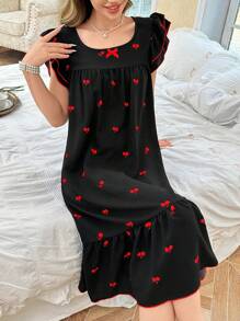 CottageSlumber Women's Ruffle Trim Cherry Print Two Layer Cap Sleeve Nightgown Babydoll Holiday Season, Bountiful Floral Splendor Cozy And Elegant Details - Black - View 6