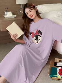 DAZY Cute Cartoon Pattern Print Loose Fit Nightgown - Mauve Purple - View 3