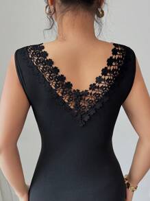 Elenzga Women Lace Patchwork Hollow Out Midi Dress - Black - View 6