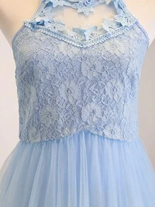 Elegant Lace & Mesh Halter Neck Sleeveless Dress, Bridesmaid Dress For Teenagers & Youths, Suitable For Wedding, Party, Birthday, Performance