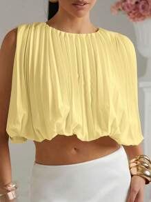 Lumalex Sleeveless Crew Neck Ruched Bubble Hem Crop Top For Women - Yellow - View 5