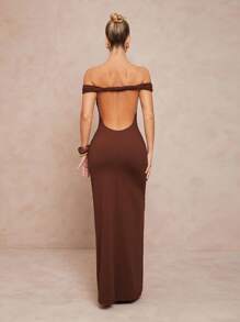 Lumalex Robe fourreau femme à l'épaule dénudée avec dos torsadé, pour mariage de saison, cérémonie de passage à l'âge adulte, vacances à la plage et bord de mer, en tenue de soirée élégante pour femme, robe de cocktail pour garden party, robes d'été pour femmes - Marron - Voir 3