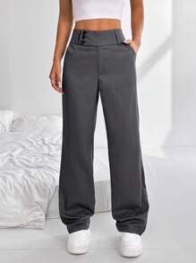 SHEIN PETITE Pantaloni dritti a vita alta con design a bottoni, modello ampio