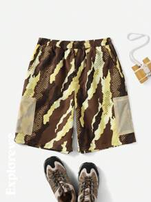 1 件青少年男童数码印花镂空口袋设计休闲短裤，时尚百搭，适合夏季日常/度假穿着 - 彩色 - 查看 1