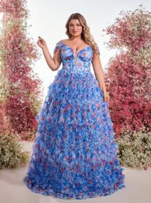 Glamrae 大码优雅花卉印花薄纱连衣裙，公主风格礼服 - 藍色 - 查看 4