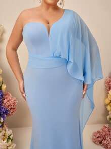 SHEIN Belle Váy phù dâu đuôi cá dài tay bồng bềnh bất đối xứng vai không đối xứng thanh lịch lãng mạn màu xanh cỡ lớn - Màu xanh lam - Xem 2