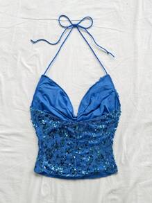 Soleia 优雅波西米亚热带度假露背无袖衬衫，带褶饰领带设计，适合海滩婚礼、毕业典礼、早午餐、圣帕特里克节、春假、复活节、音乐节 - 藍色 - 查看 2