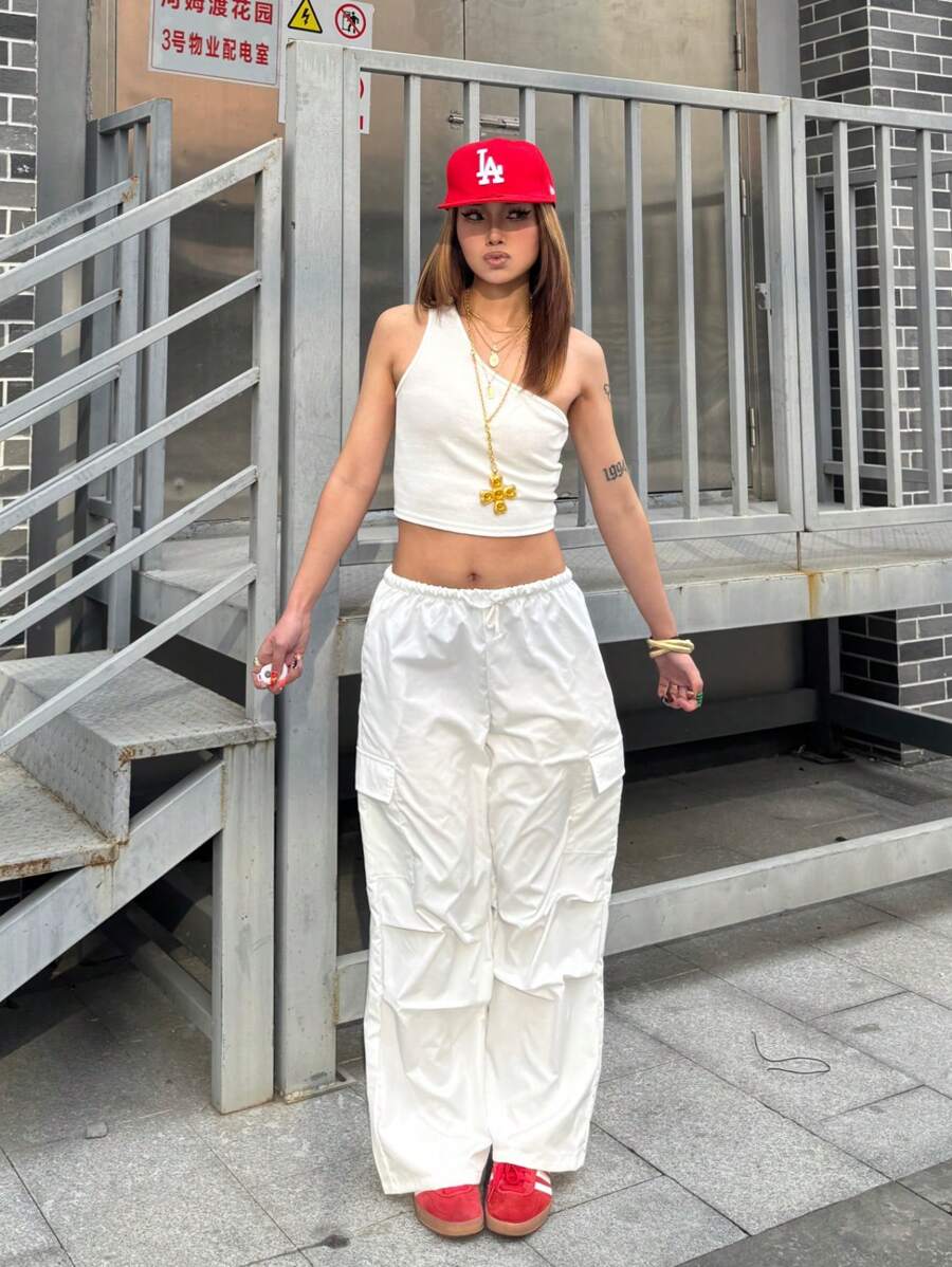 SHEIN Teen Girls Spring/Summer One Shoulder Crop Top & Drawstring Waist Flap Pocket Side Cargo Pants