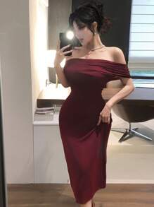 DAZY Vestido de fiesta elegante con hombros descubiertos, plisado lateral, superposición de malla, vestido de graduación, vestido de fiesta, vestido largo - Color caoba - Ver 6