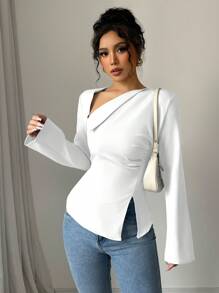 Elenzga 女士优雅时尚休闲通勤舒适不对称 V 领长袖收腰开衩下摆后背系带纯色衬衫 - 白色 - 查看 4