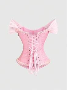 Sweetra Blusa justa com babados jacquard e ombros de fora feminina - Rosa - Ver 2