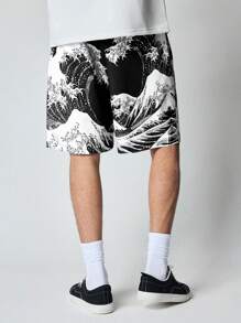 ROMWE MEN Anime 男士休闲简约时尚短裤，日常穿着 - 黑色 - 查看 2