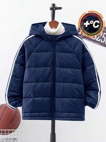 SHEIN Crianças Tween Boy Casual Listrado Fita Com Capuz Zip-Up Grosso Quente Acolchoado Casaco, Preto Inverno Acolchoado Casaco, Adequado Para Outono E Inverno