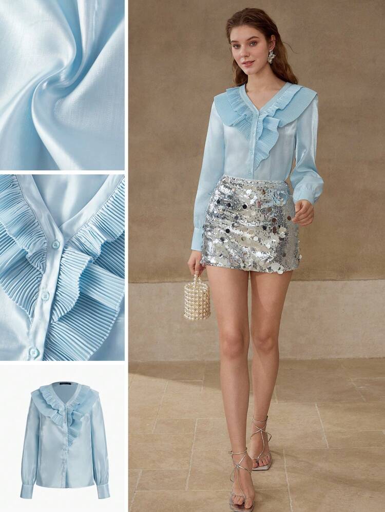 PLEATED RUFFLE TRIM BLOUSE,SPRING/SUMMER