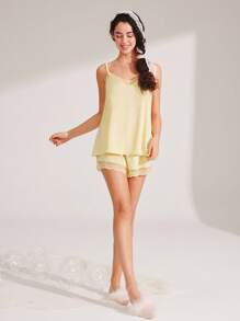 LUVLETTE 黄色丝滑缎面奢华蕾丝优雅V领吊带背心和短裤新娘家居服轻盈睡衣套装女士家居服套装女士内衣，春夏婚礼用品 - 黃色 - 查看 11