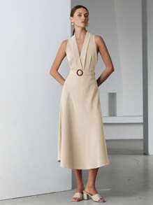 Aveloria Modichic Váy suông không tay thắt eo trang trí cổ áo bằng vải lanh cho nữ - Màu be - Xem 6