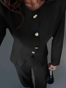 Aloruh 1 套女士办公室/通勤杏色修身长袖衬衫 + 及地直腿裤 - 黑色 - 查看 5