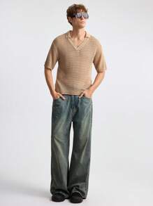 Ontre 2025 Summer Men's Solid Turndown Collar Short Sleeve Hollow Out Casual Knit Top, Business Casual Young Men Polo Sweater For Music Festival, Vacation, Daily Wear, Versatile - Khaki - View 3