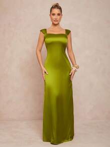 Lumalex 女士露背系带褶皱长款缎面连衣裙 - 綠色 - 查看 3