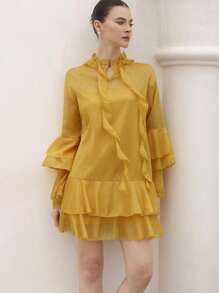 BELROSIE Golden Yellow Elegant Tea Party Women's Shiny Chiffon Layered Ruffle Neck & Cuff Long Sleeve Mid-Length Dress,Autumn Spring Fall Style - Yellow - View 4