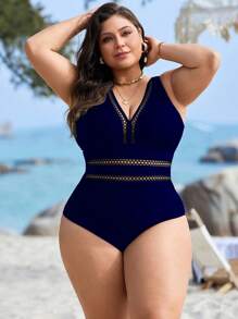 Swim Lushoire Baju Renang One Piece Wanita Ukuran Besar Warna Polos dengan Detail Lubang di Pinggang dan Lipatan untuk Liburan Musim Panas - Navy Blue - View 7