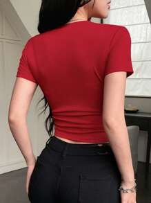 DAZY Women's Summer Round Neck Fitted Short Sleeve Letter Print Basic T-Shirt, Red Top - Red - View 3