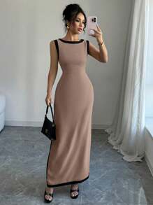 Elenzga Women's Elegant Casual Commuting Sleeveless High Waist Comfortable Vacation Holiday Color Blocking Trim Split Maxi Dress - Mocha Brown - View 5