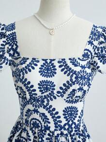 SHEIN Teen Girls Blue & White Plain Woven Square Neck Sleeveless Ruffle Hem Butterfly Back Hollow Out Mini Dress, Suitable For Vacation, Festivals, Lunch, Music Festivals