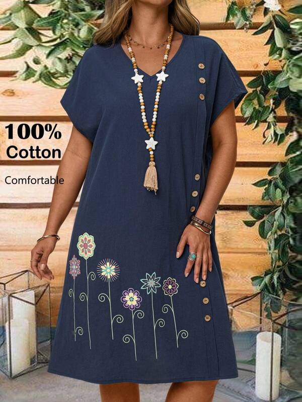 EMERY ROSE Abito casual a maniche corte dritto con scollo a V e stampa floreale blu per donne taglia curvy