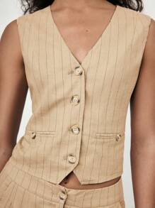 Maija Bộ đồ vest và quần sọc đơn hàng khuy đơn giản thoải mái cho kỳ nghỉ xuân/hè 2025 dành cho nữ - Màu Khaki - Xem 4