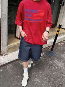 DAZY 男士字母印花红色T恤，简约时尚，适合夏季，图案T恤