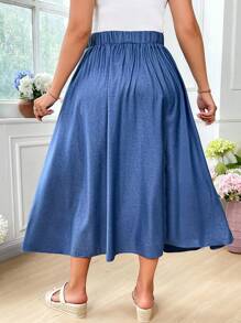 SHEIN LUNE Falda plisada con cintura elástica y decoración de cinta, versátil y cómoda, estilo "Old Money" para mujeres, para brunch, aeropuerto, vaquera, verano, graduación, primavera, verano, graduación, Pascua, vacaciones de verano