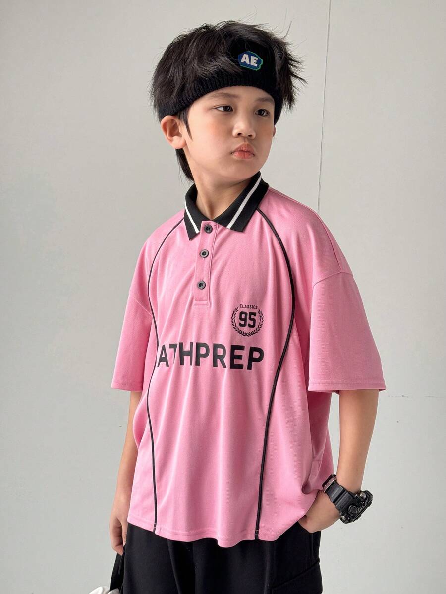 Tween Boy Korea Fashion Style Short Sleeve Polo Shirt And Shorts Set, Summer - Dusty Pink - View 1