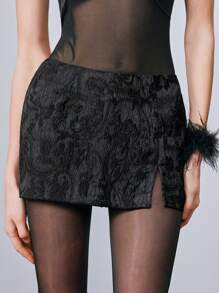 Chiquease Women Simple Solid Color Jacquard Slit Mini Skirt, Fashionable For Summer - Black - View 3