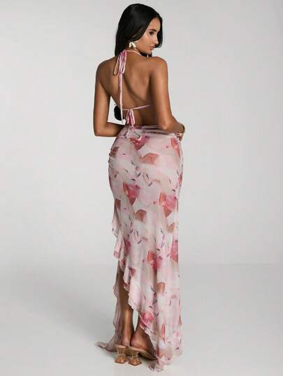 SHEIN BAE Vestido playero con cuello halter, volantes, decoración de flores 3D y estampado floral para vacaciones de mujer